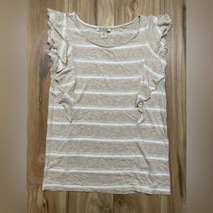 Lucky Brand Beige Cream Striped Flutter Sleeve Tee Gently Used